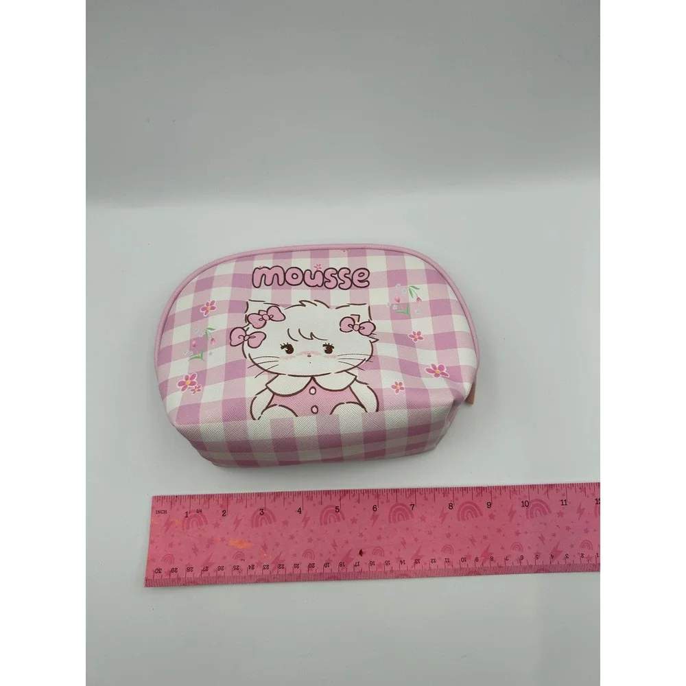 Mousse Cat Pink Gingham Cosmetic Bag Zippered Makeup Pouch Travel Case